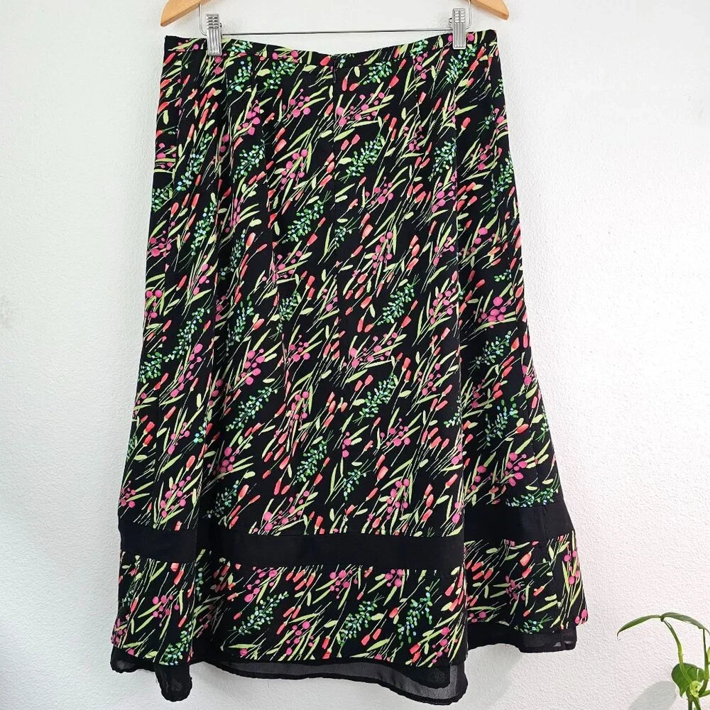 American Vintage Floral Garden Midi Skirt Sz 12 Black Pink Trim Casual Work Boho